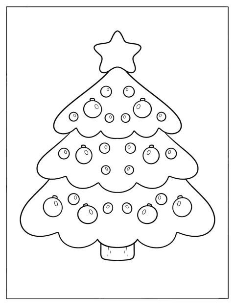 Een eenvoudige kerstboom is versierd met kerstballen.