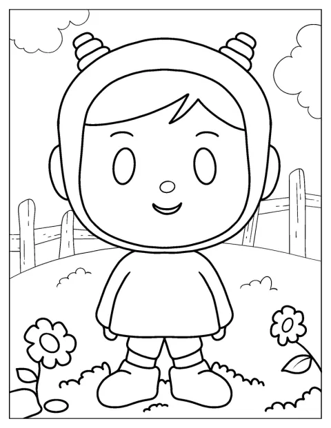 Nina från Pocoyo syns i en enkel konturteckning.