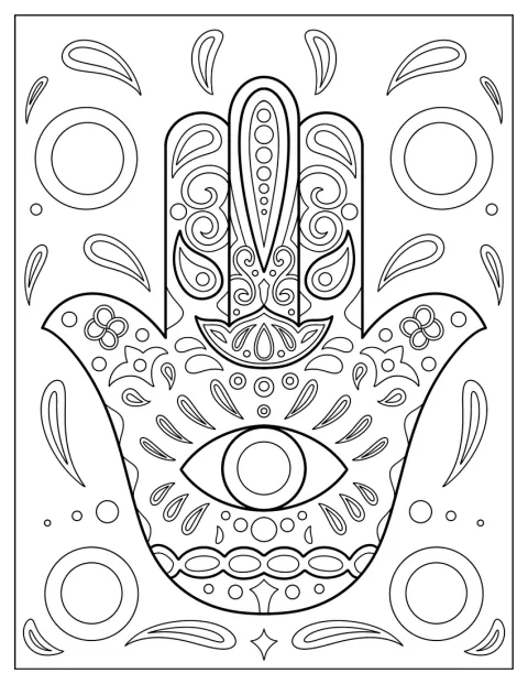 En hamsa er dekorert med mange fine detaljer.