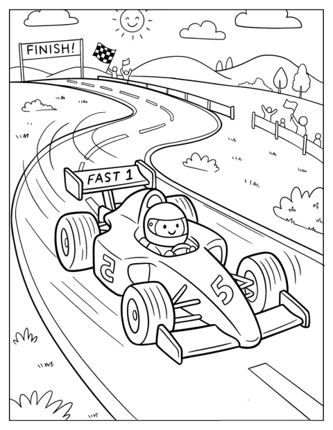 F1マシンがゴールラインに向かって走っています。