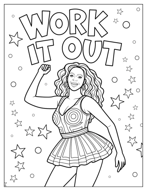 Beyoncé dansează energic lângă stele și mesajul „Work It Out”.