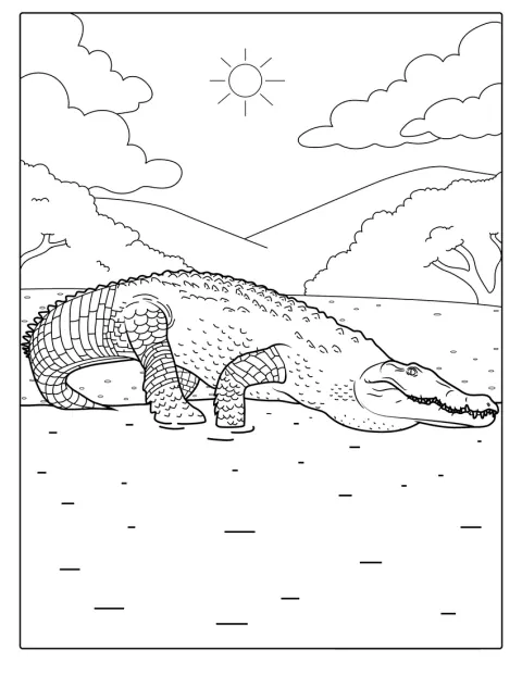 Um grande crocodilo-do-Nilo surge de corpo inteiro.