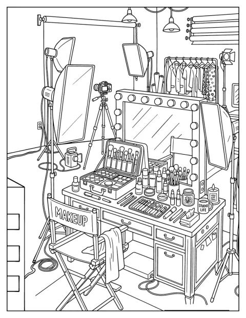 Professional Makeup Studio with Vanity, Cosmetics, and Lighting Coloring Page