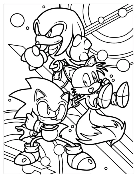 Knuckles stă alături de Sonic și Tails.