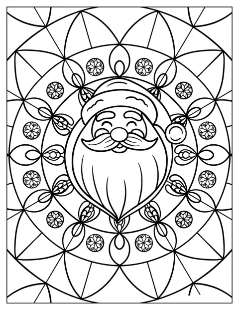 Un Papá Noel sonriente ocupa el centro de un elaborado mándala navideño.