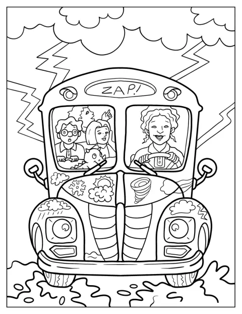 Ms. Frizzle řídí školní autobus po silnici.