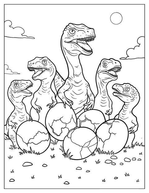 Un bébé raptor explore les coquilles brisées de plusieurs œufs.