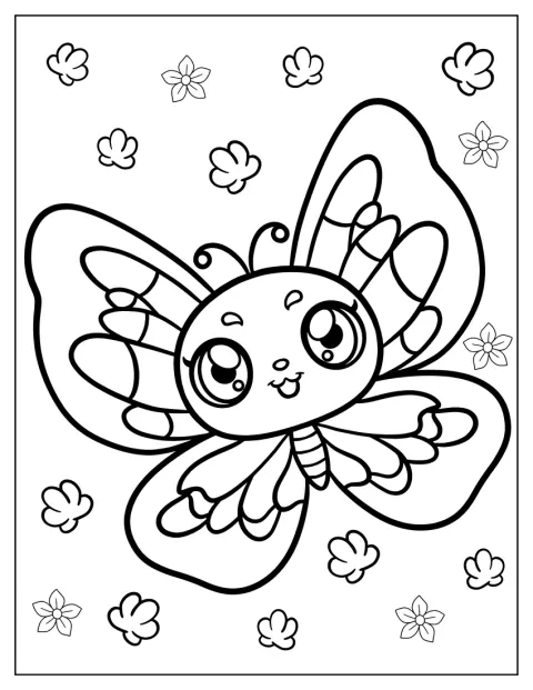 Un papillon de dessin animé souriant regarde devant lui avec ses grands yeux.