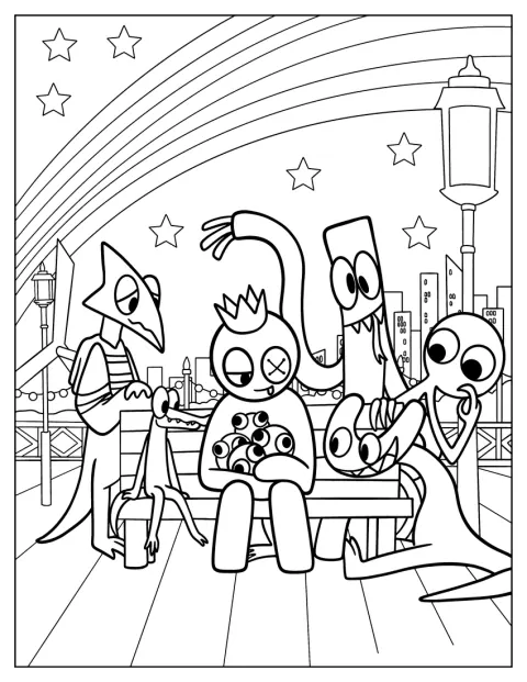 Varios Rainbow Friends miran a unos bebés arcoíris sentados en un banco.