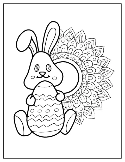 Un lapin tient un œuf de Pâques devant un mandala floral.