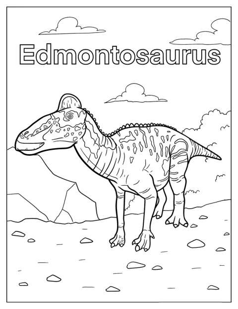 En stor Edmontosaurus med flekker står på bakken.