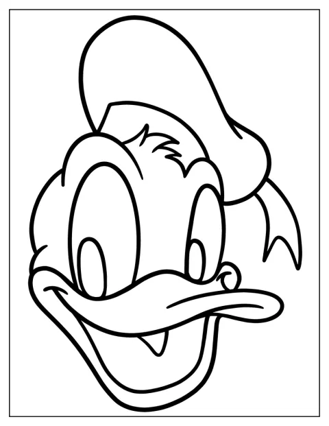 Um grande plano mostra o rosto sorridente do Pato Donald.