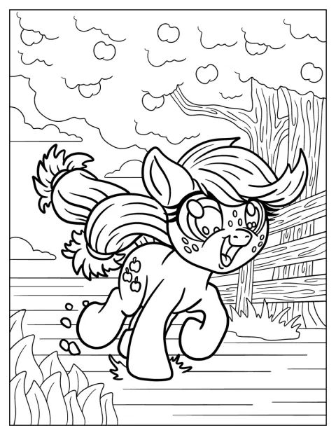 Toute joyeuse, Applejack court en avant.