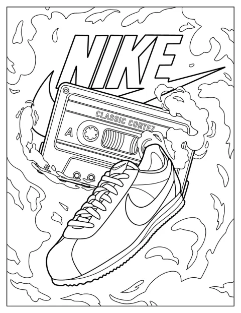 Une chaussure Nike et une cassette audio composent une affiche.