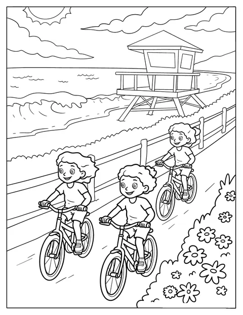 Tre jenter sykler sammen langs veien nær stranden en sommerdag.