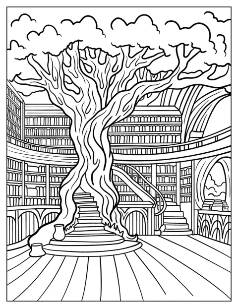 Ein gewaltiger Baum wächst inmitten einer märchenhaften Bibliothek.