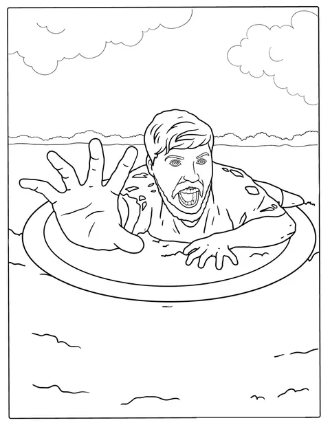 Mr Beast se usmívá a leze ven z kruhového otvoru.
