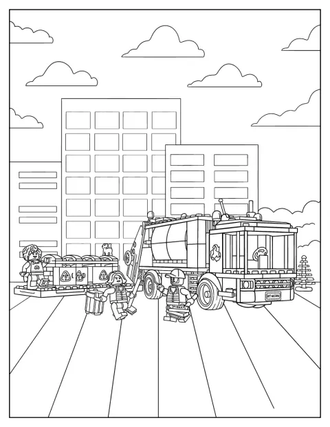 Kierrätysauto kuljettaa jätteitä LEGO Cityn kadulla.