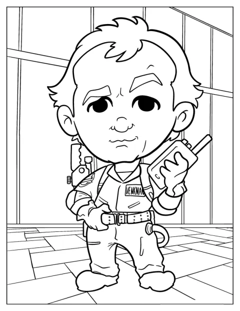 Chibi-versionen av Venkman står med ett glatt uttryck och sin utrustning.