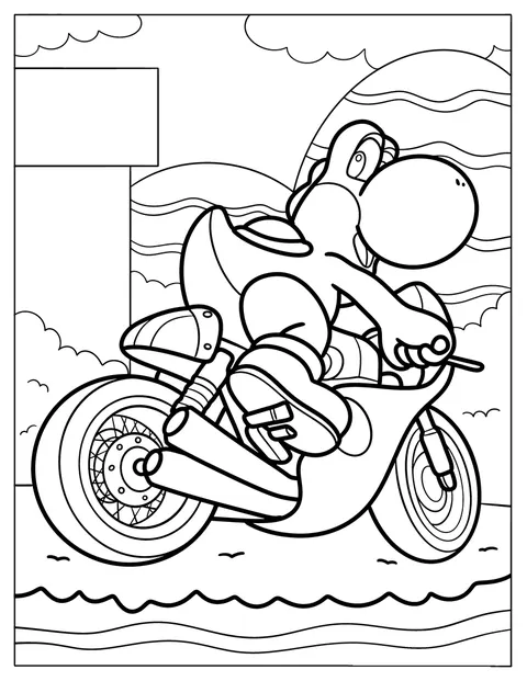 Yoshi rijdt op een motorfiets.