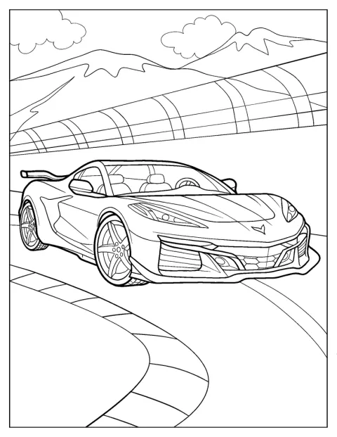 Detailně zobrazený vůz Corvette Stingray stojí na silnici.