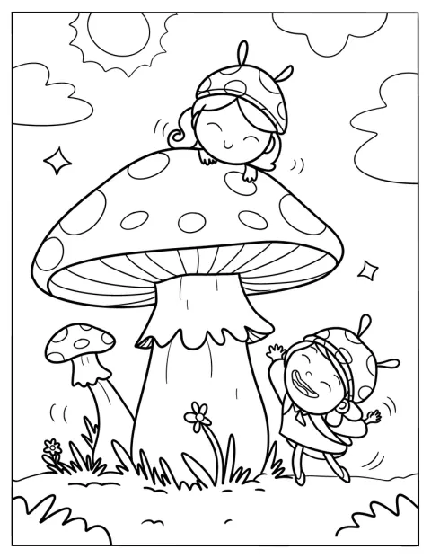Zwei Mädchen spielen neben einem riesigen Pilz und wirken winzig im Vergleich zu ihm.