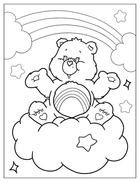 Un Care Bear mira hacia arriba, donde aparece un arcoíris.
