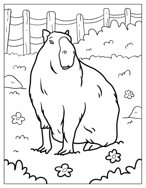 Large Capybara Coloring Page In The Garden