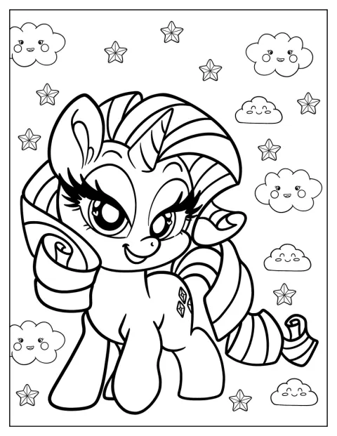 Rarity este desenată în stil chibi kawaii, cu trăsături simpatice.