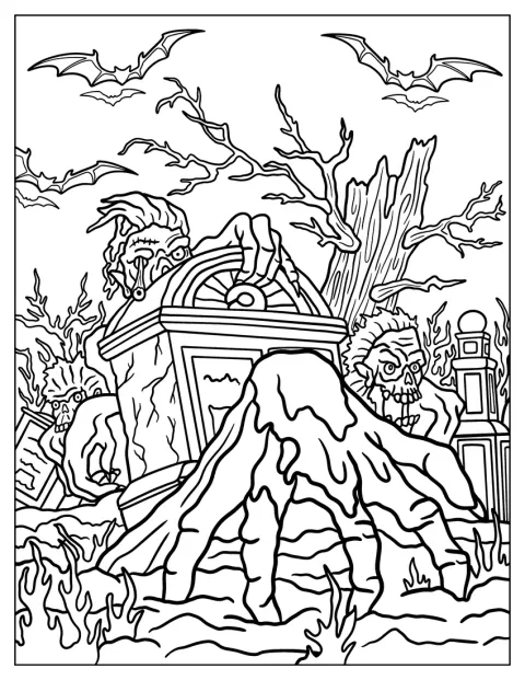 Une main surgit de la terre parmi les tombes d’un cimetière hanté.