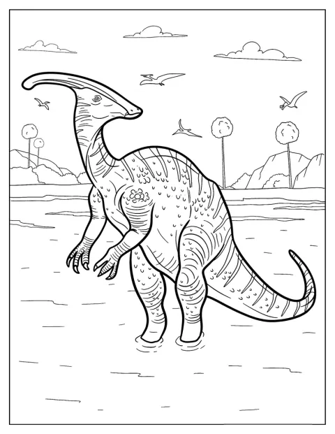 Um parasaurolofo aparece em primeiro plano, com um pterodáctilo ao fundo.