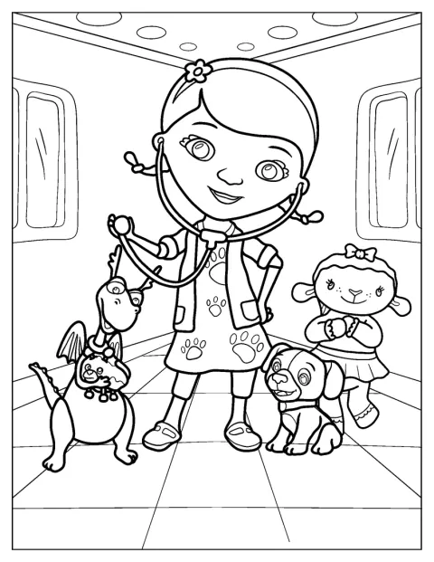 În spitalul de jucării, Doc McStuffins este alături de Stuffy, Findo și Lambie.
