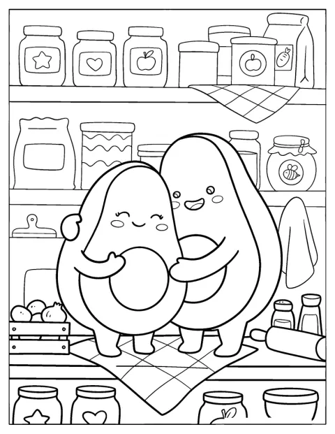 アボカドのカップルが、キッチンで仲良く抱き合っています。