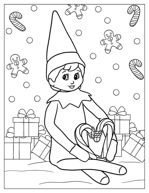 Elf on the Shelf posa junto a bastones de caramelo y regalos.