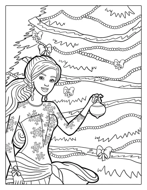 Barbie hänger julgranskulor i en julgran.