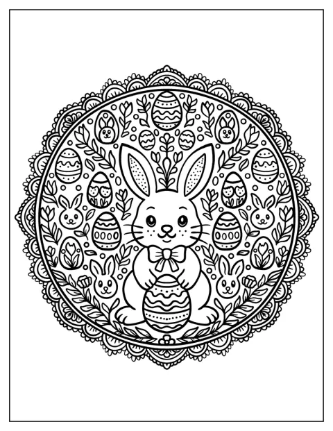 En detaljeret mandala viser en påskehare omgivet af æg og blomster.