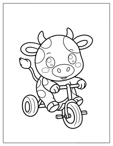 Una mucca in stile cartone animato pedala su una bicicletta.