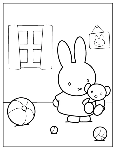 Miffy pitää sylissään pehmolelukarhua.