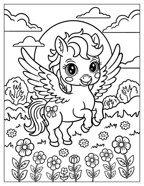 Un Pegaso chibi de crin rizada posa entre flores.