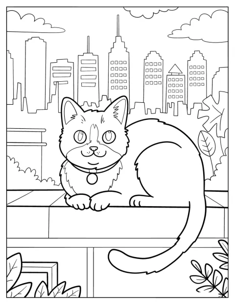 Un gato curioso se sienta en un tejado, con el horizonte urbano al fondo.