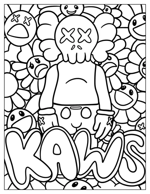 A KAWS Companion mögött retró hippivirágok sorakoznak.