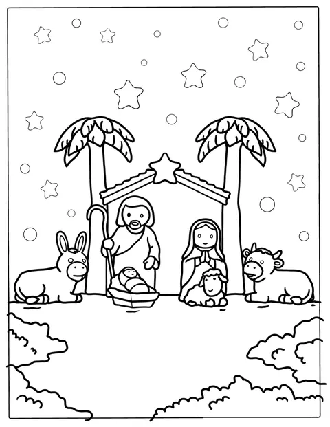 Jesus ligger i krybben mens Maria og Josef står ved siden av.