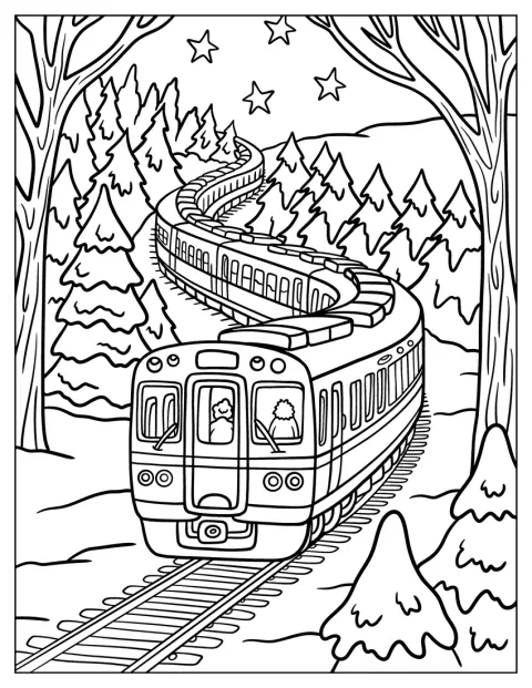 Am Abend fährt ein Zug durch einen stillen, verschneiten Wald.