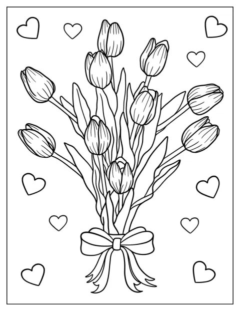 Des tulipes sont accompagnées de petits cœurs décoratifs.