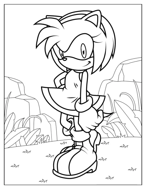 Amy Rose aparece con un estilo kawaii y una expresión dulce.
