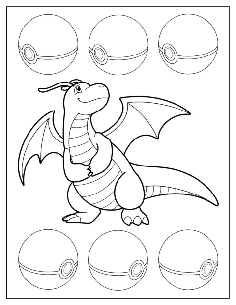 Il profilo semplice di Dragonite è circondato da alcune Poké Ball.