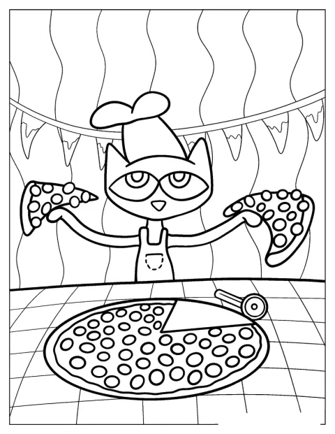 In de keuken maakt Pete the Cat een pizza.