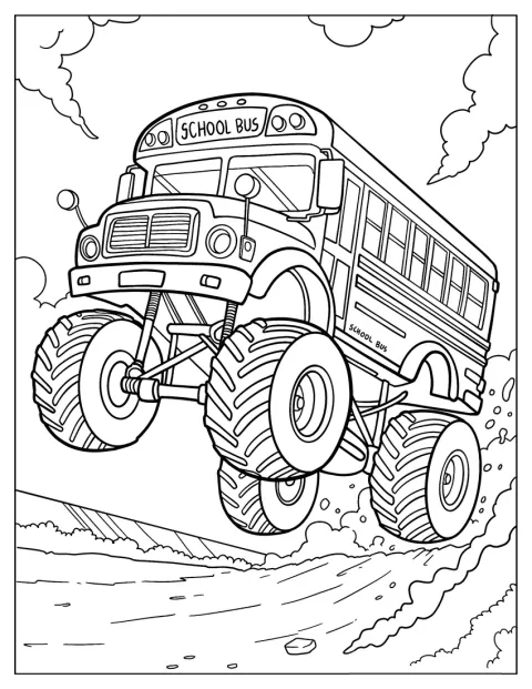 En skolebus bygget som monstertruck springer højt op i luften.