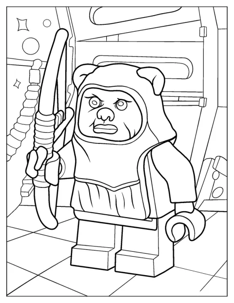 Ewok z Lego Star Wars drží luk před sebou.