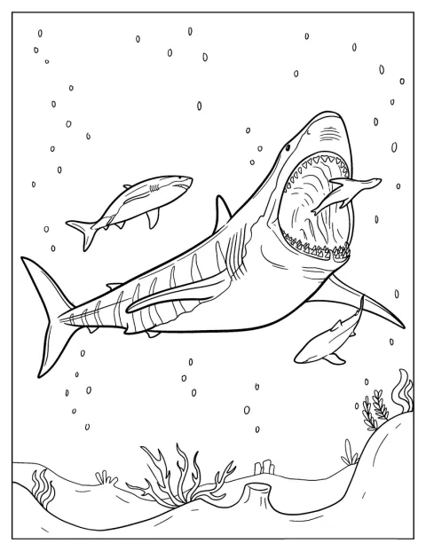 En megalodon slukar flera stora hajar i havet.